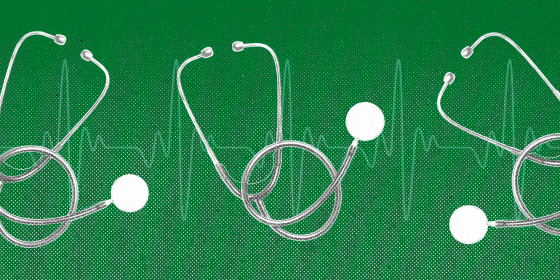 Several stethoscopes against an EKG line, on a green background.