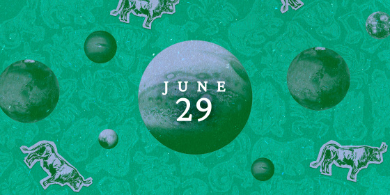 Planets over a zodiac collage background