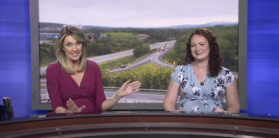 Julia Dunn announces the breaking news that her co-anchor Olivia Jaquith's water broke just before the newscast.