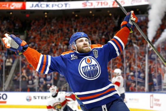 Image: 2025 Stanley Cup Final - Game One celebrates celebration Leon Draisaitl #29 of the Edmonton Oilers