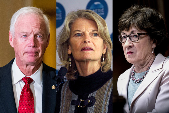 A split composite of Ron Johnson, Lisa Murkowski, and Susan Collins.