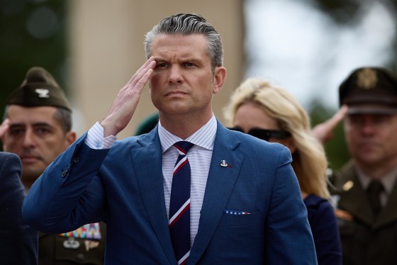 Defense Secretary Pete Hegseth salutes during a ceremony at the Normandy American Cemetery to mark the 81st anniversary of the D-Day landings on June 6, 2025 in Colleville-sur-Mer, France.