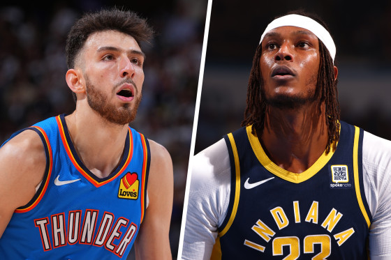 Chet Holmgren of the Oklahoma City Thunder and  Myles Turner of the Indiana Pacers.