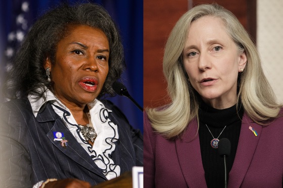 A side by side split composite image of Winsome Earle-Sears, left, and Abigail Spanberger.