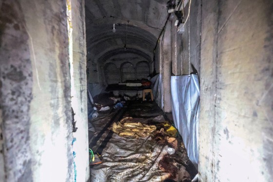A room with blood stains inside a tunnel underneath the European Hospital in Khan Younis at the Gaza Strip, where Israeli military said the body of Hamas Gaza chief Mohammed Sinwar was found among others