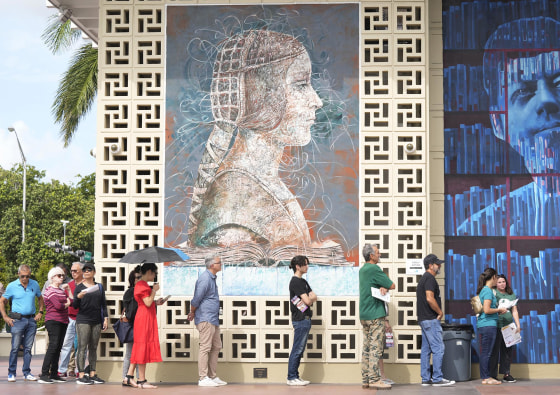 Voters wait to cast their ballots on Oct. 29, 2024, in Hialeah, Fla.