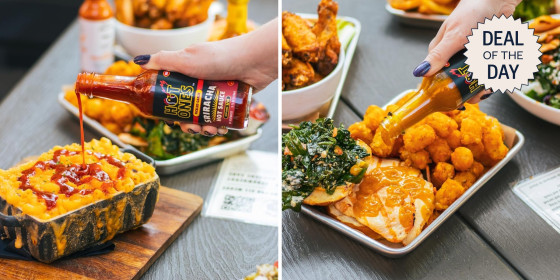 The set includes three 5-ounce glass bottles of hot sauce, each with varying levels of heat.