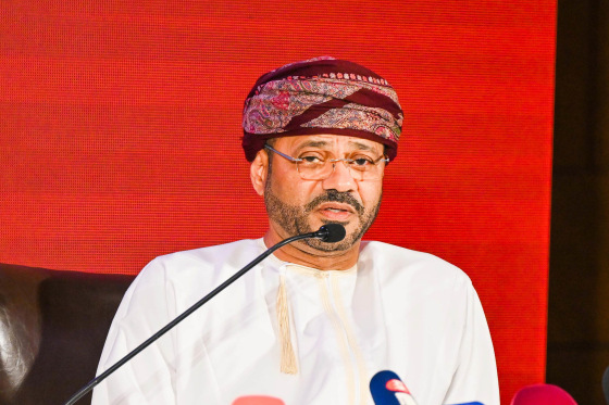 Omani Foreign Minister Sayyid Badr bin Hamad bin Hamood Albusaidi delivers a speech 