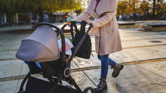 woman pushing baby stroller