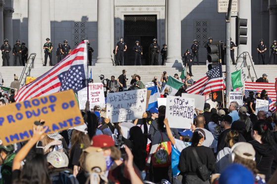 Protesters gather outside of City Hall on June 11, 2025 in Los Angeles.