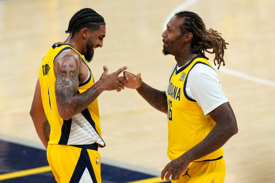Image: James Johnson and Obi Toppin of the Indiana Pacers during Game 6 of the NBA Finals.