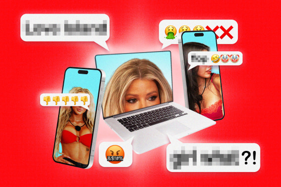 Phones and laptops with Savanna "Vanna" Einerson, Ariana Madix, and Huda Mustafa on screen, surrounded by various hate comments.