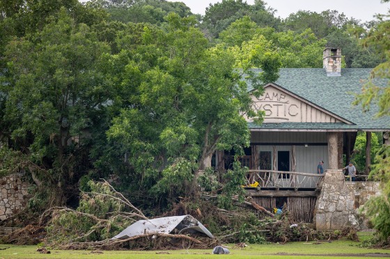 Debris is piled up at the entrance to Camp Mystic on July 7, 2025 in Hunt, Texas.
