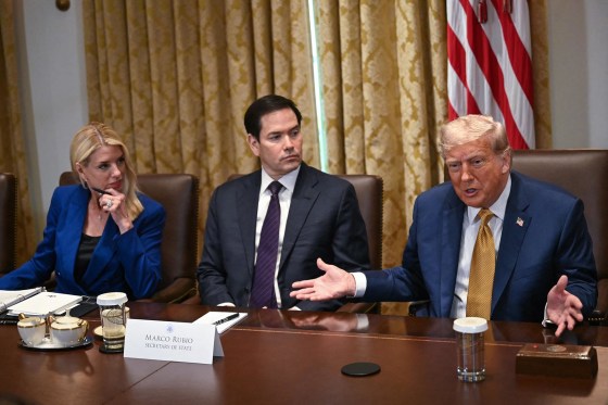 President Donald Trump speaks as Attorney General Pam Bondi and Secretary of State Marco Rubio look on during a Cabinet meeting at the White House on July 8, 2025.