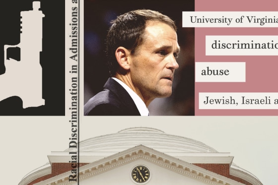 Photo illustration of outgoing UVA president Jim Ryan alongside text that reads "Racial Discrimination in Admissions" and "University of Virginia" and "discrimination" and "abuse" and "Jewish, Israeli" 