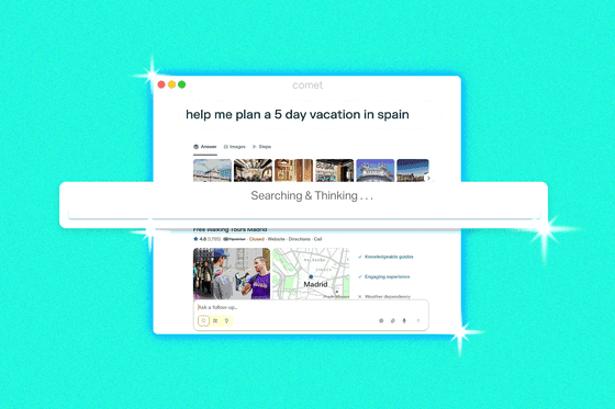 Comet Browser window with an animated "Searching & Thinking" loading bar