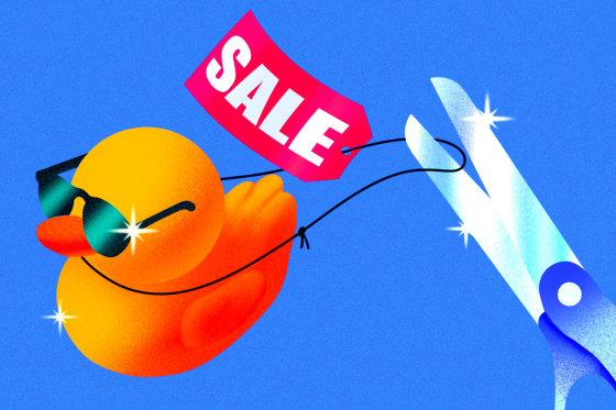 Rubber duck with a "SALE" tag being cut off of it.