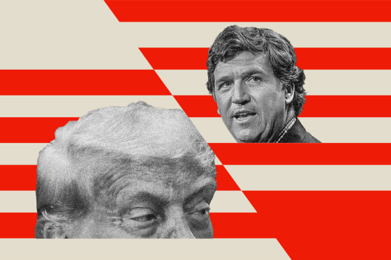 Tucker Carlson and Trump against competing red and white striped backgrounds.