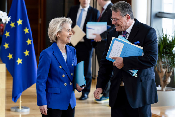 Ursula von der Leyen, left, and Maros Sefcovic speak to one another