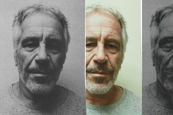 Jeffrey Epstein's mugshot repeated with distortion.