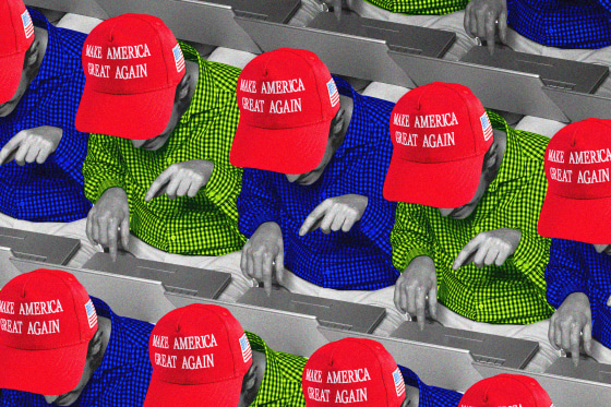 Rows of people typing on laptops wearing "MAGA" hats.