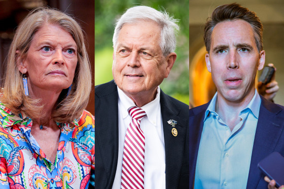 A split composite of Lisa Murkowski, Ralph Norman and Josh Hawley.