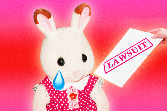 Sylvanian Family toy with an emoji tear being served lawsuit papers.
