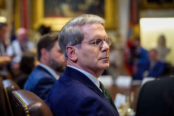 Scott Bessent looks on during a cabinet meeting.