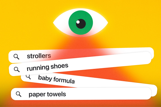 Illustration of an eye above a series of searches: "Strollers" "running shoes" "baby formula" " paper towels"