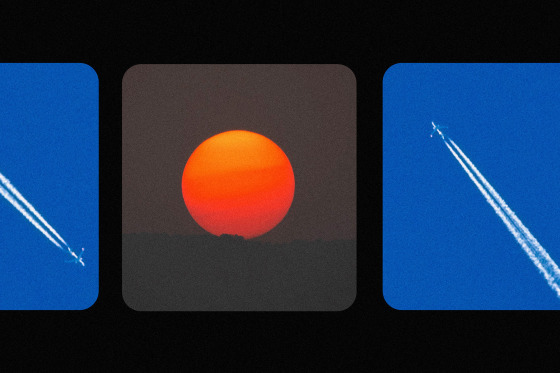 Photo collage of sun setting and a plane leaving contrails