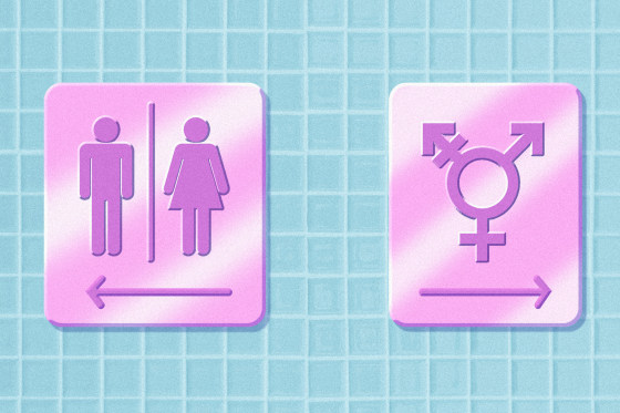Two bathroom signs, one singling out transgender people.