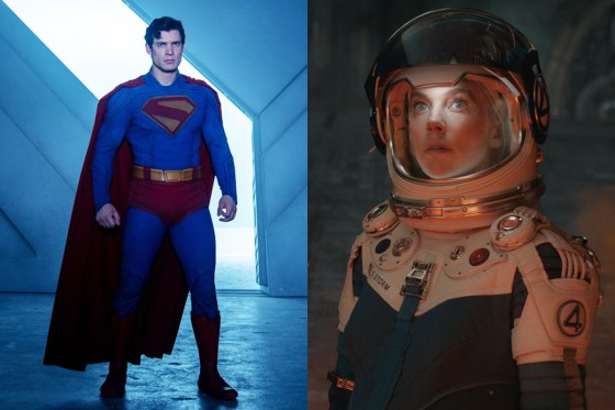 A side by side of David Corenswet as Superman and Vanessa Kirby as Sue Storm in "The Fantastic Four"