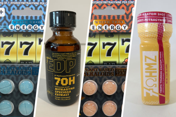 Side by side of Jackpot Alkaloids, Mitragyna Speciosa Extract and Tropic Thunder Kratom Shot.