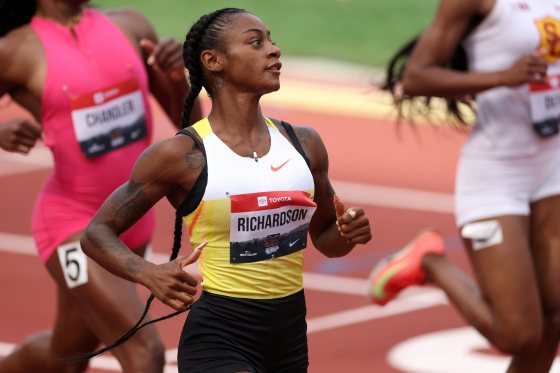 Image: Sha'Carri Richardson reacts after competing in the women's 100-meter during the 2025 USATF Outdoor Championships at Hayward Field on July 31, 2025, in Eugene, Oregon.
