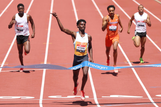 Jacory Patterson crosses the finish line