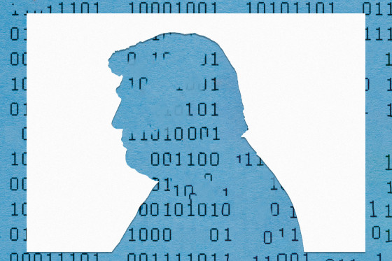 Photo illustration of Trump's silhouette against a blue background of erased numbers