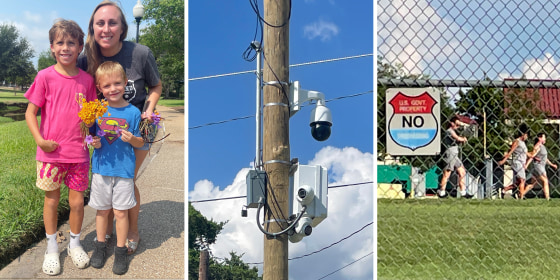 Parkgoer Ashley Doss and her children; a recently installed camera camera affixed to a utility pole; and women walking at the minimum security prison.