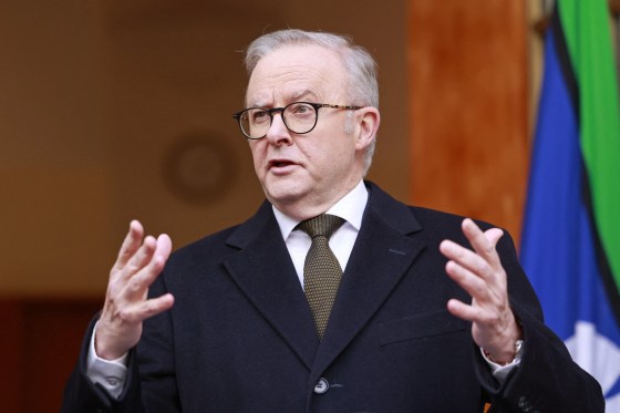 Image: Australia's Prime Minister Anthony Albanese speaks during a press conference in Canberra on Aug. 11, 2025.
