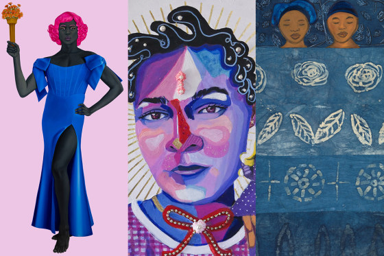 Side by side of “Trans Forming Liberty,” by Amy Sherald; Marinna Shareef with Andil Gosine's "God of Whimsy" and "Stitched to You," by Sola Olulode.