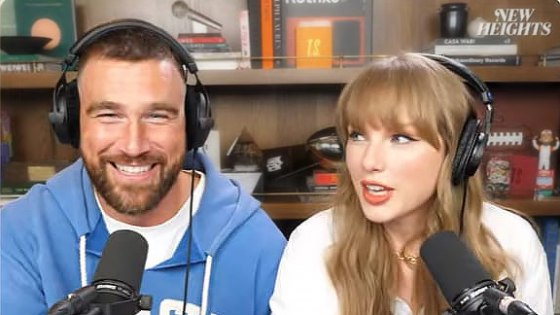 Travis Kelce and Taylor Swift on the New Heights podcast on Aug. 13, 2025.