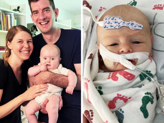 A side by side of Madison and Andrew Dryden with Gilbert and Gilbert at the hospital.