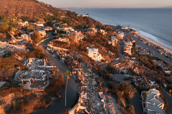 An aerial view of burned down homes in Malibu, Calif.