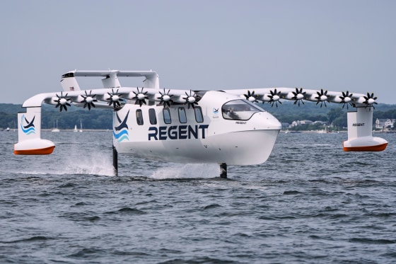 The REGENT Viceroy Seaglider, a winged passenger ferry, glides over the surface of Narragansett Bay