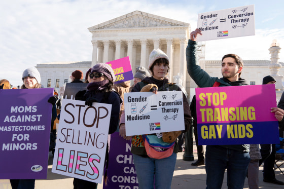 Demonstrators hold signs outside the Supreme Court