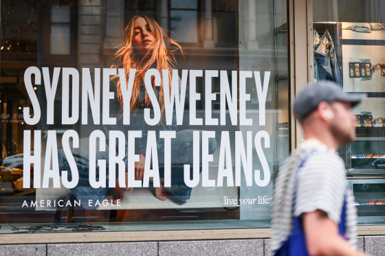 A window display of actress Sydney Sweeney is seen on a window of an American Eagle store from outside on the street