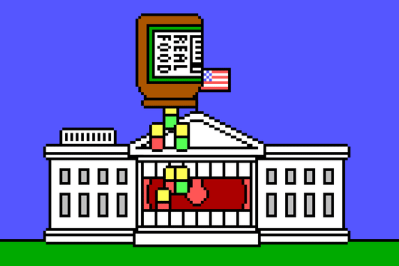 An animated White House gobbles supplements falling from a bottle labeled "REAL FOOD"