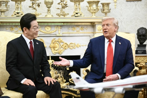President Donald Trump and South Korean President Lee Jae Myung meet in the Oval Office on Aug. 25, 2025.