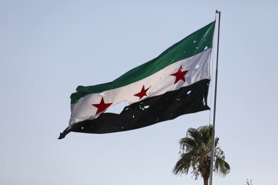 A tattered Syrian flags blows in the wind