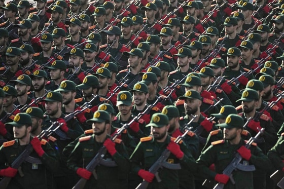 Iranian Revolutionary Guard cadets march just outside Tehran in 2024.