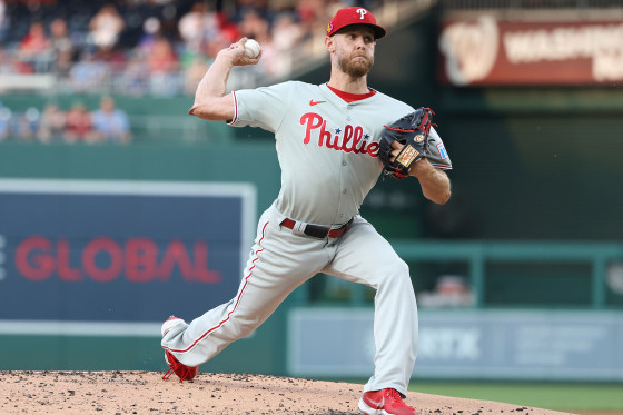 Philadelphia Phillies pitcher Zack Wheeler throws during the first inning of a game against the Washington Nationals, Friday, Aug. 15, 2025.